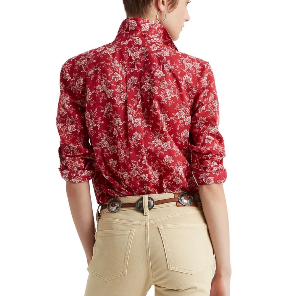 Lauren Ralph Lauren - Red Pocketed Curve Hem Floral Cuff Sleeved Button-Size M - Picture 2 of 5